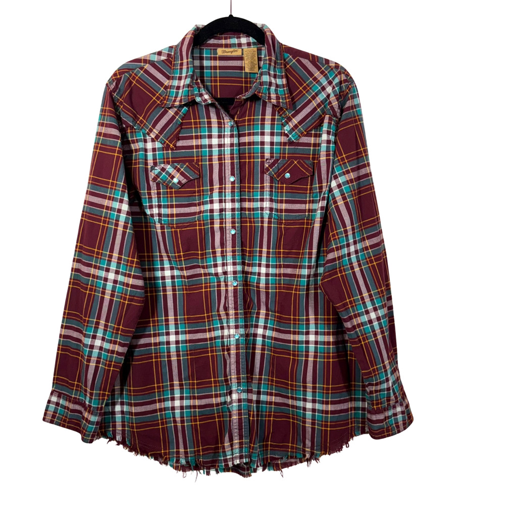 Wrangler Pearl Snap Shirt Burgundy Red Teal Snaps Raw Edge XL Long Sleeve